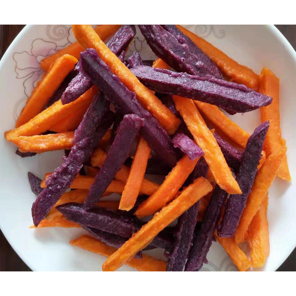 Frozen fried purple sweet potato and red sweet potato strips